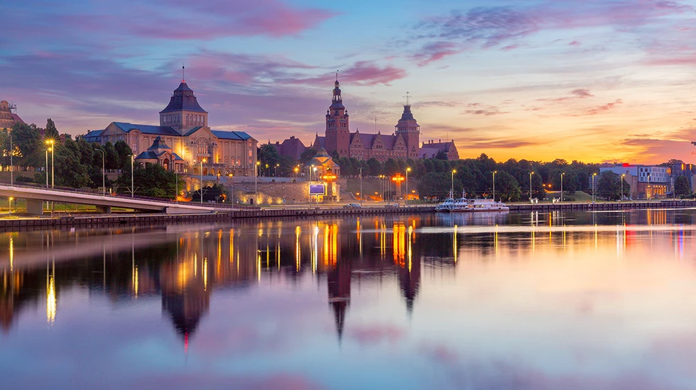 Szczecin – Wały Chrobrego o zachodzie słońca